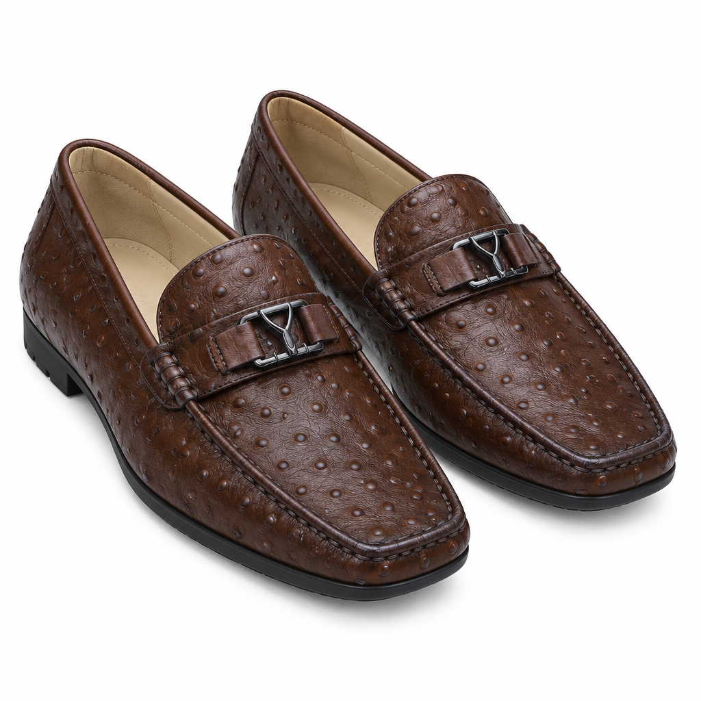 Brown Ostrich-Embossed Leather Buckle Loafer – Catalog Shot