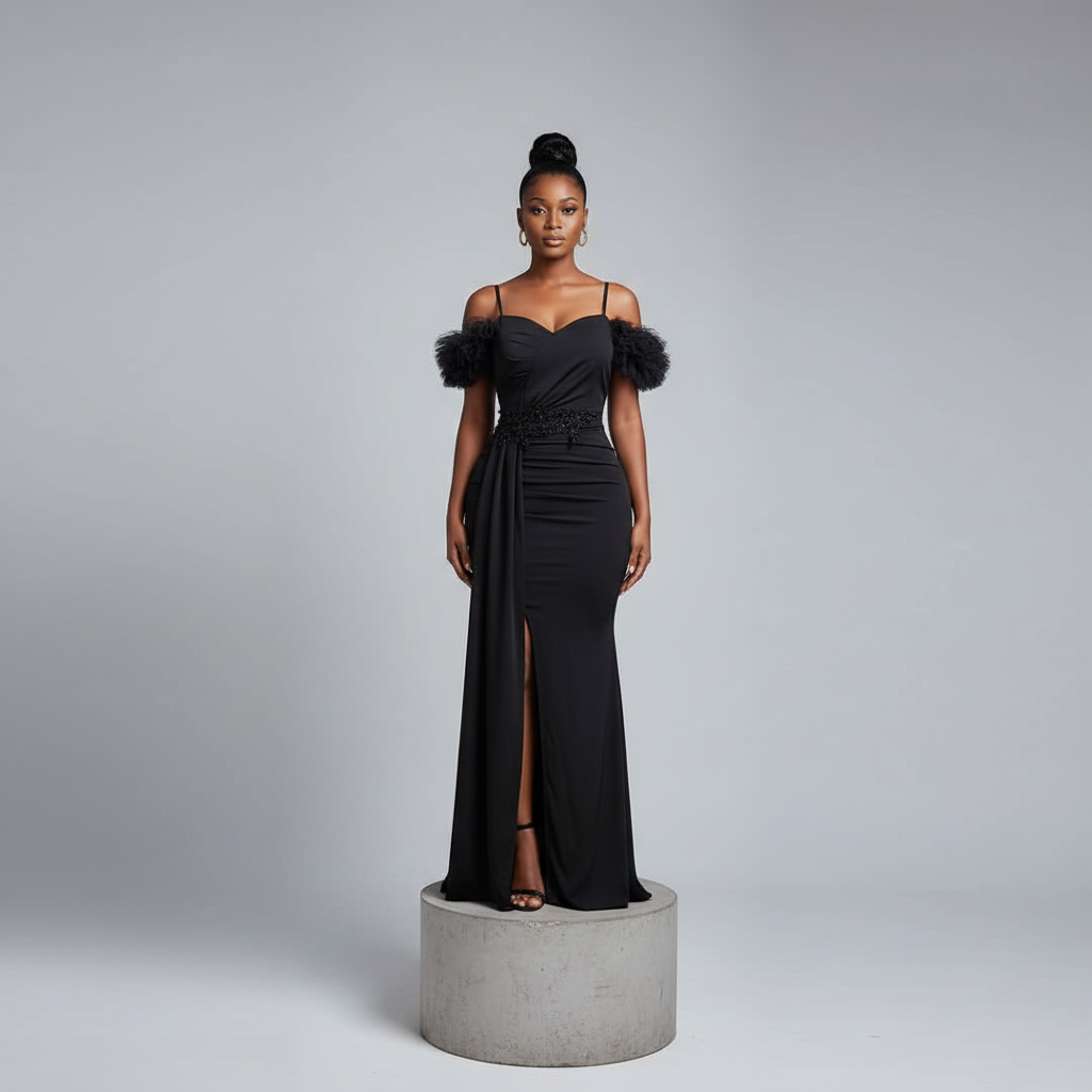 Black Tulle Ruffle Off-Shoulder Maxi Gown - Model Shot