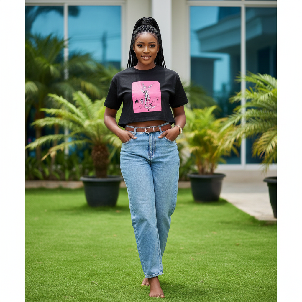 Women's Black Pink Cartoon Graphic Crop Top — Model Shot