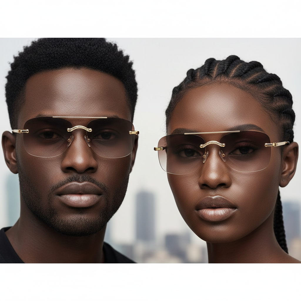 Nigerian male and female models wearing rimless aviator sunglasses gradient brown grey lens slim gold ornate double-bar bridge black acetate tip arms