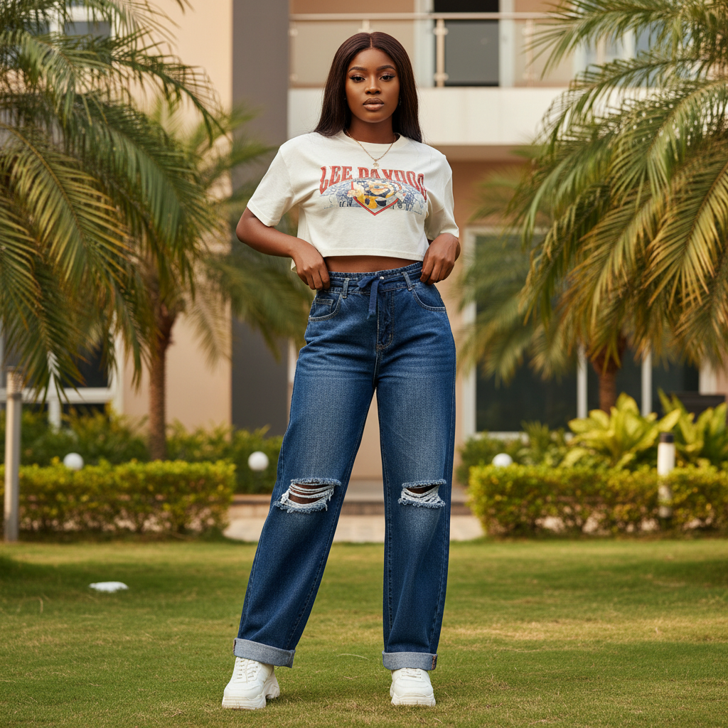 Women's dark indigo wide-leg distressed ripped knee jeans — Nigerian female model lifestyle shot