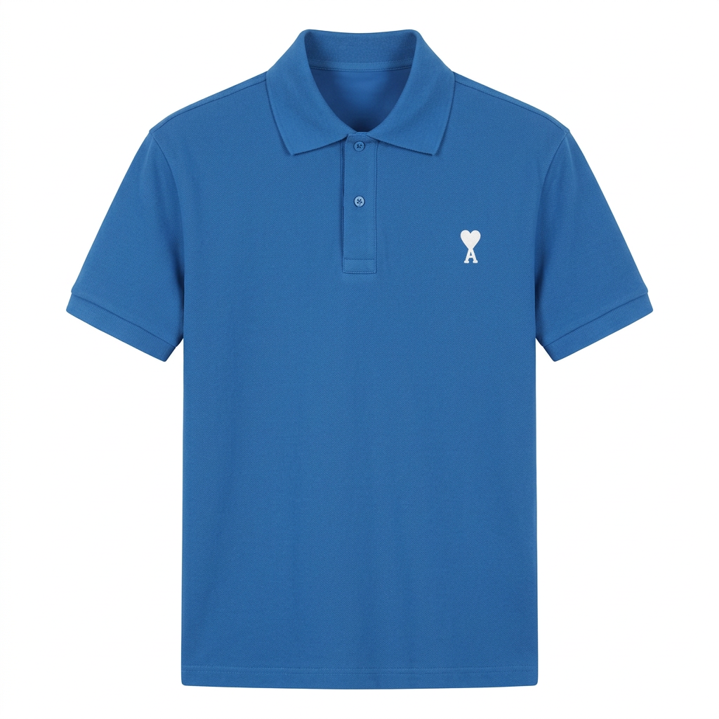 Blue short-sleeve polo with tonal buttons and a white heart-and-letter chest detail