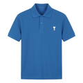 Blue short-sleeve polo with tonal buttons and a white heart-and-letter chest detail