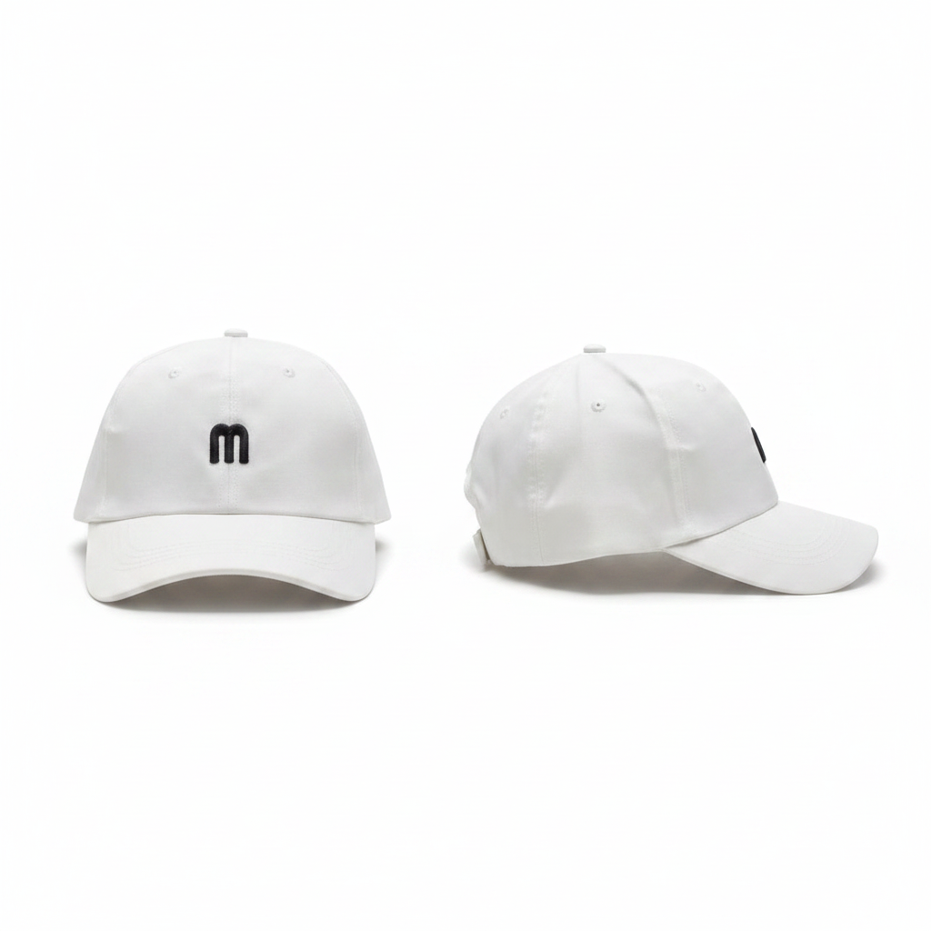 White M logo embroidered dad cap ghost mannequin front and side view