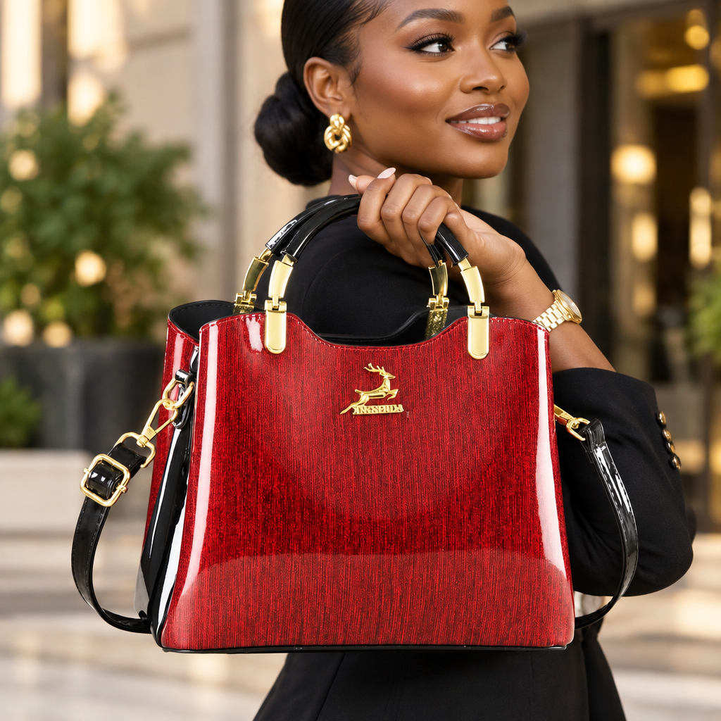 Nigerian woman holding crimson structured handbag with black handles and gold fittings