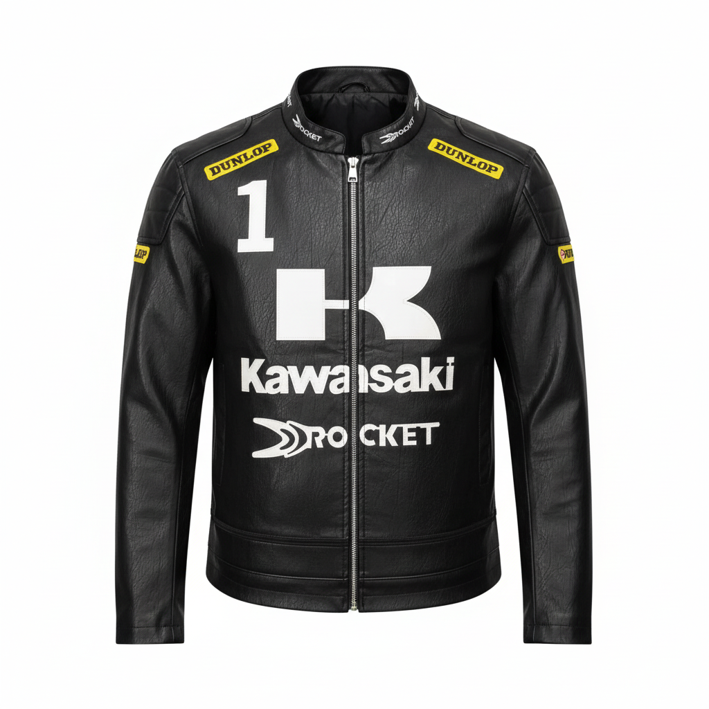 Men's black graphic racing zip-up biker jacket ghost mannequin view