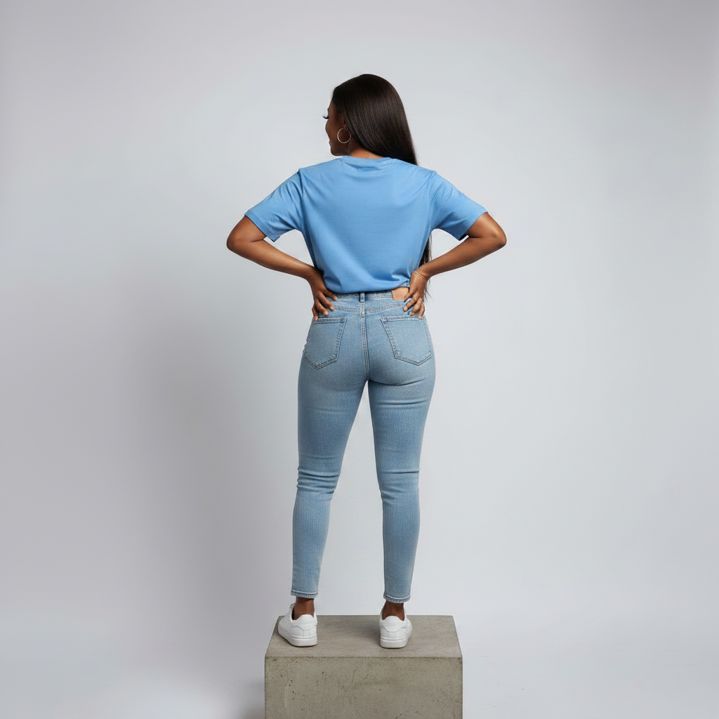 Nigerian female model back view wearing plain sky blue T-shirt - consistent model
