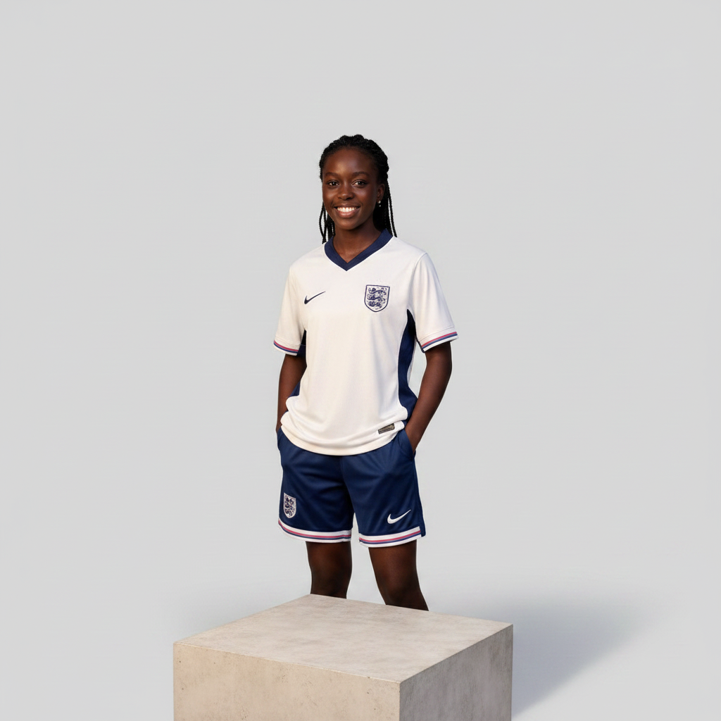Nigerian female model wearing white navy pink home football kit on concrete plinth