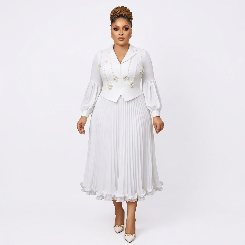 Black adult model wearing a white floral-trim pleated midi gown with gathered sleeves
