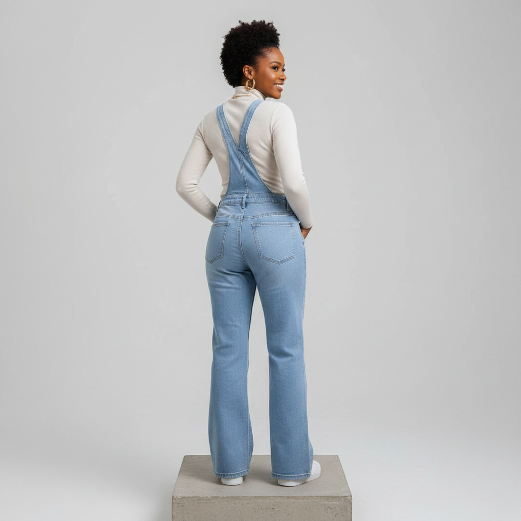 Light Blue Wide-Leg Denim Dungarees – Back Model