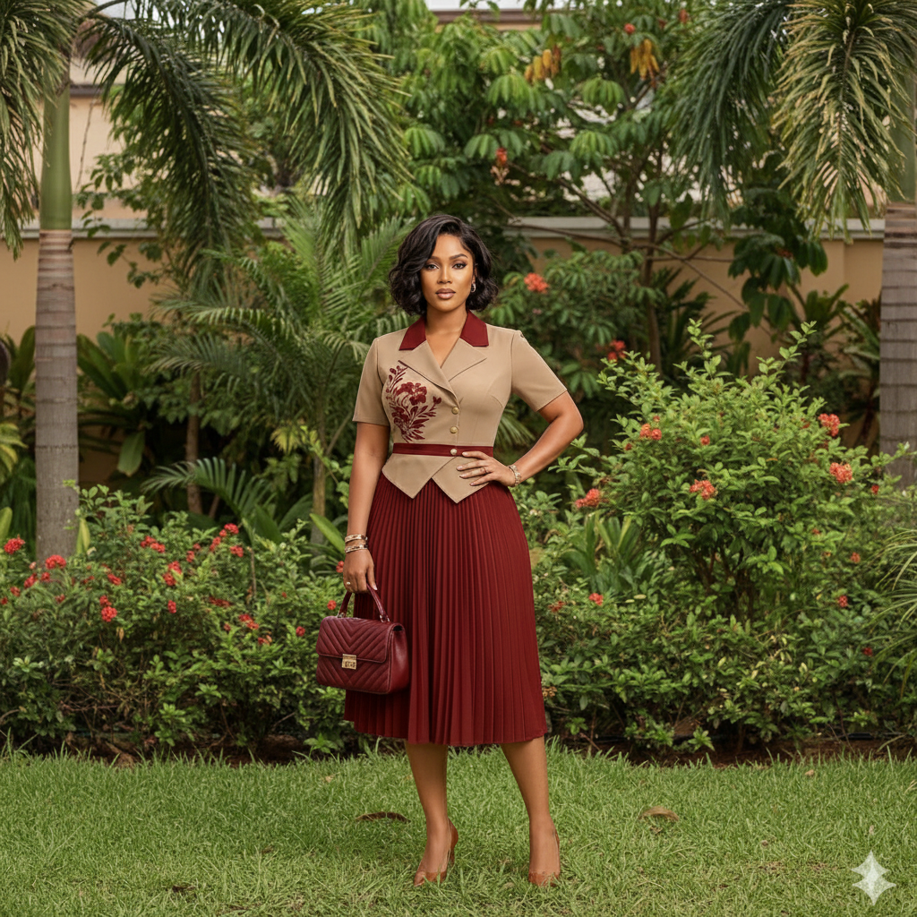 Nigerian female model wearing beige and burgundy two-tone pleated midi gown in upscale garden setting