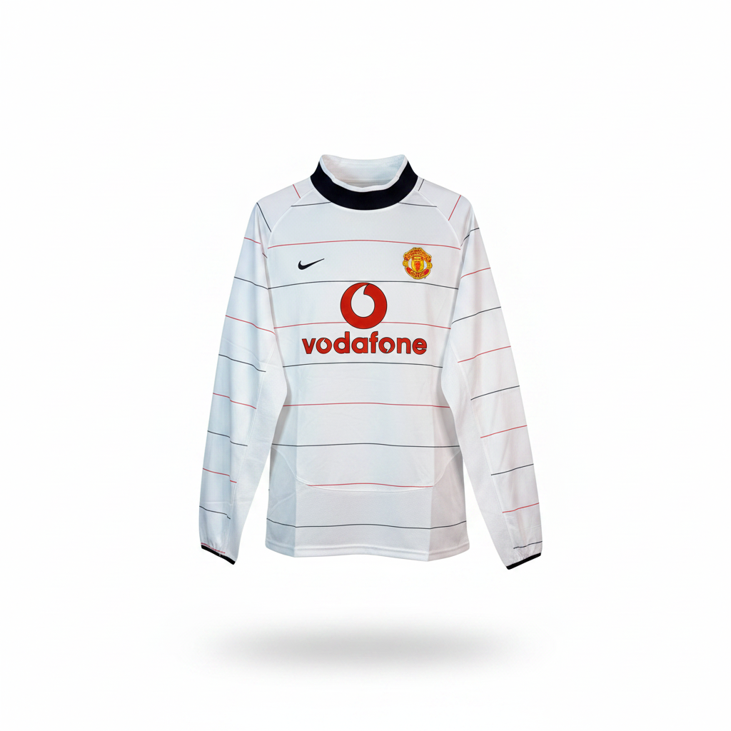 White long-sleeve retro football jersey with red and black pinstripes — ghost mannequin front view