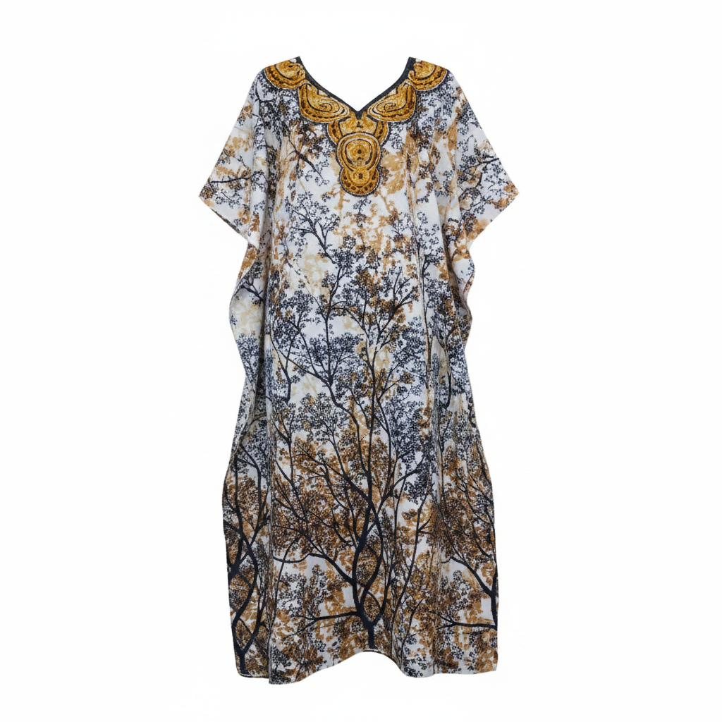 Ghost mannequin front view of women's botanical print bubu kaftan dress with gold embroidered neckline