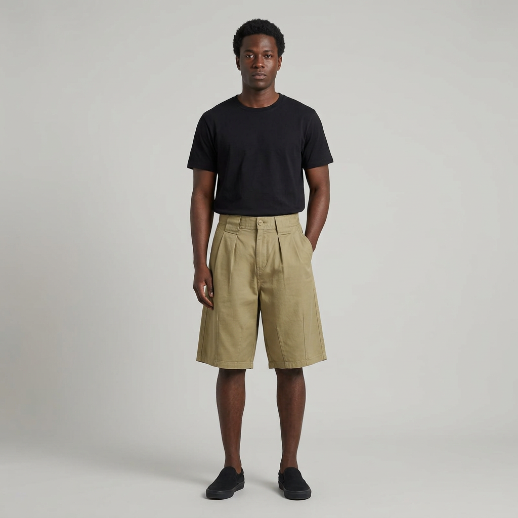 Full-body male model wearing khaki pleated shorts
