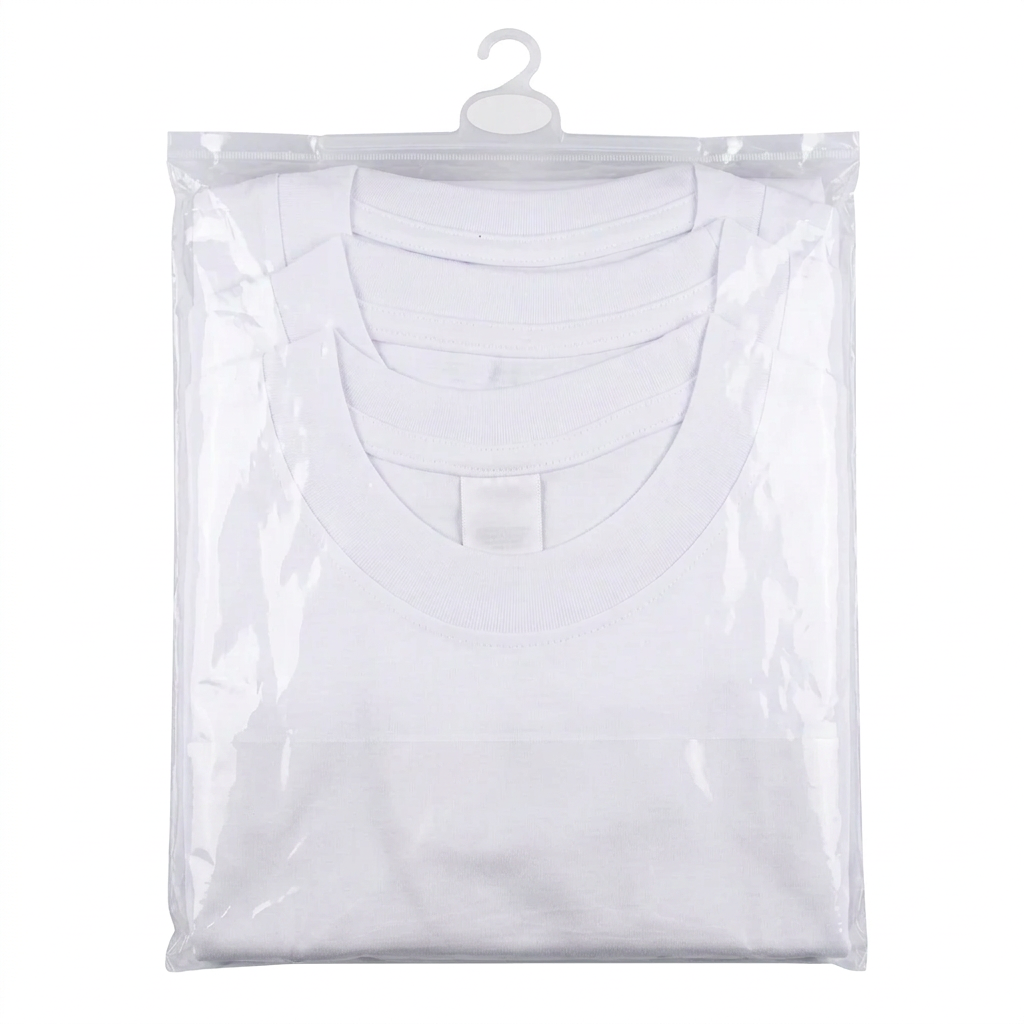 White cotton T-shirt three-pack in clear packaging without text or printed graphics