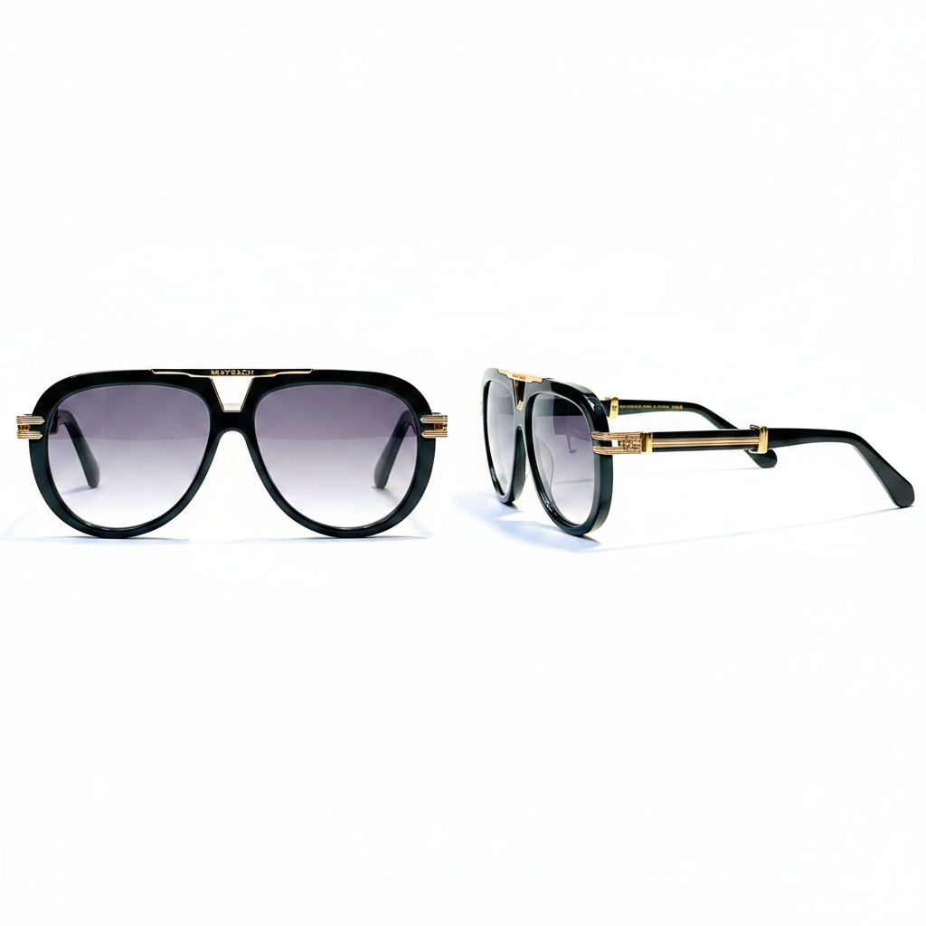 Unisex black aviator sunglasses with gold hardware – front and side ghost mannequin view on white background