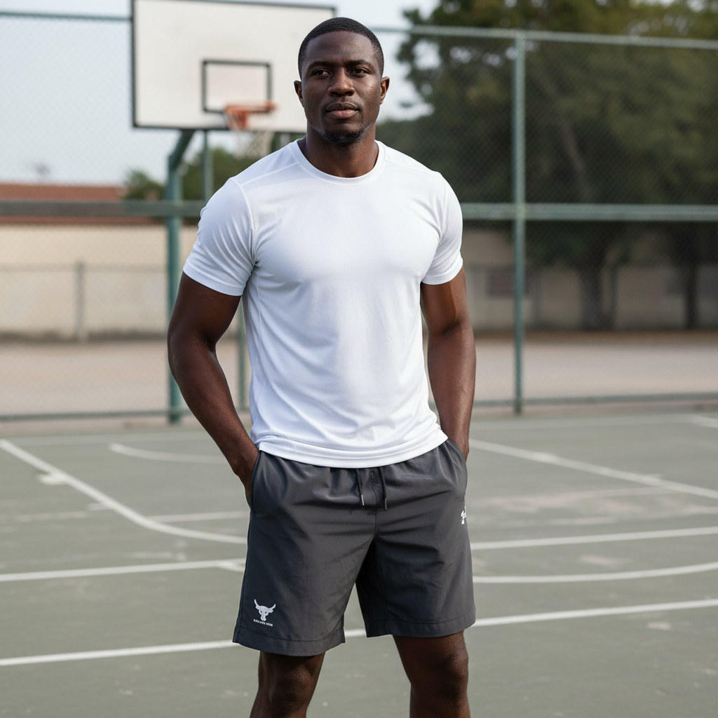 Black Nigerian male model wearing charcoal premium sport shorts with white jersey on basketball court