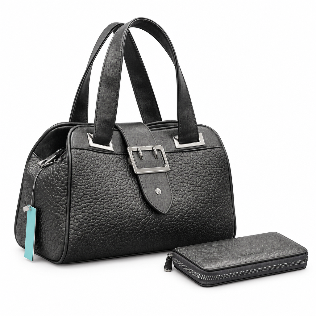 Charcoal pebbled handbag with matching purse on white