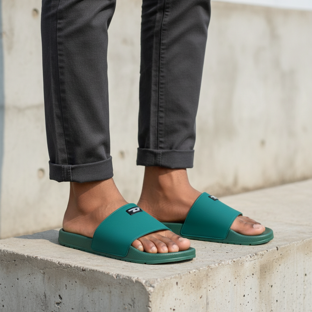 Nigerian male model leg focus shot wearing teal green badge slider slippers