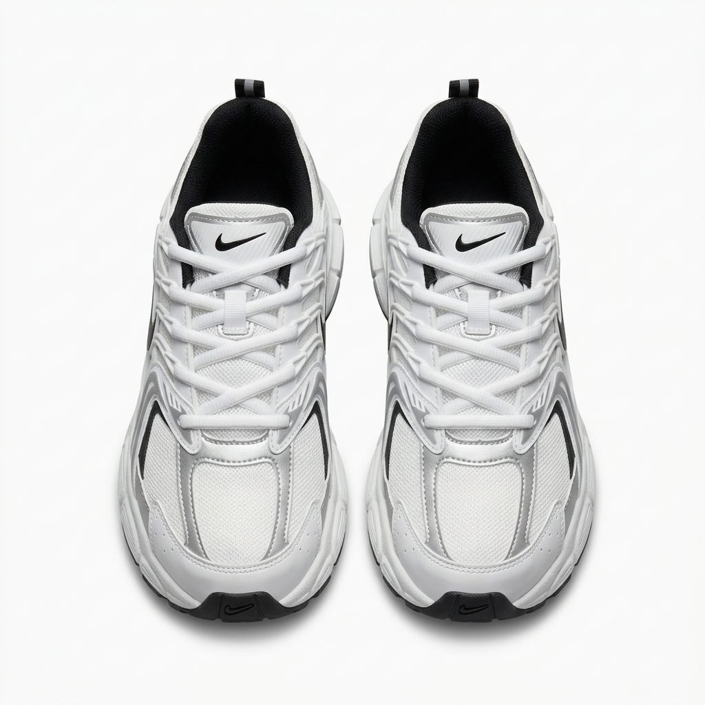 Front view of white and silver-grey mesh sneaker pair with black accents