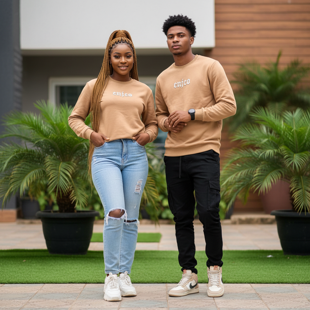 Camel Embroidered Graphic Crew-Neck Sweatshirt – Nigerian Female and Male Models