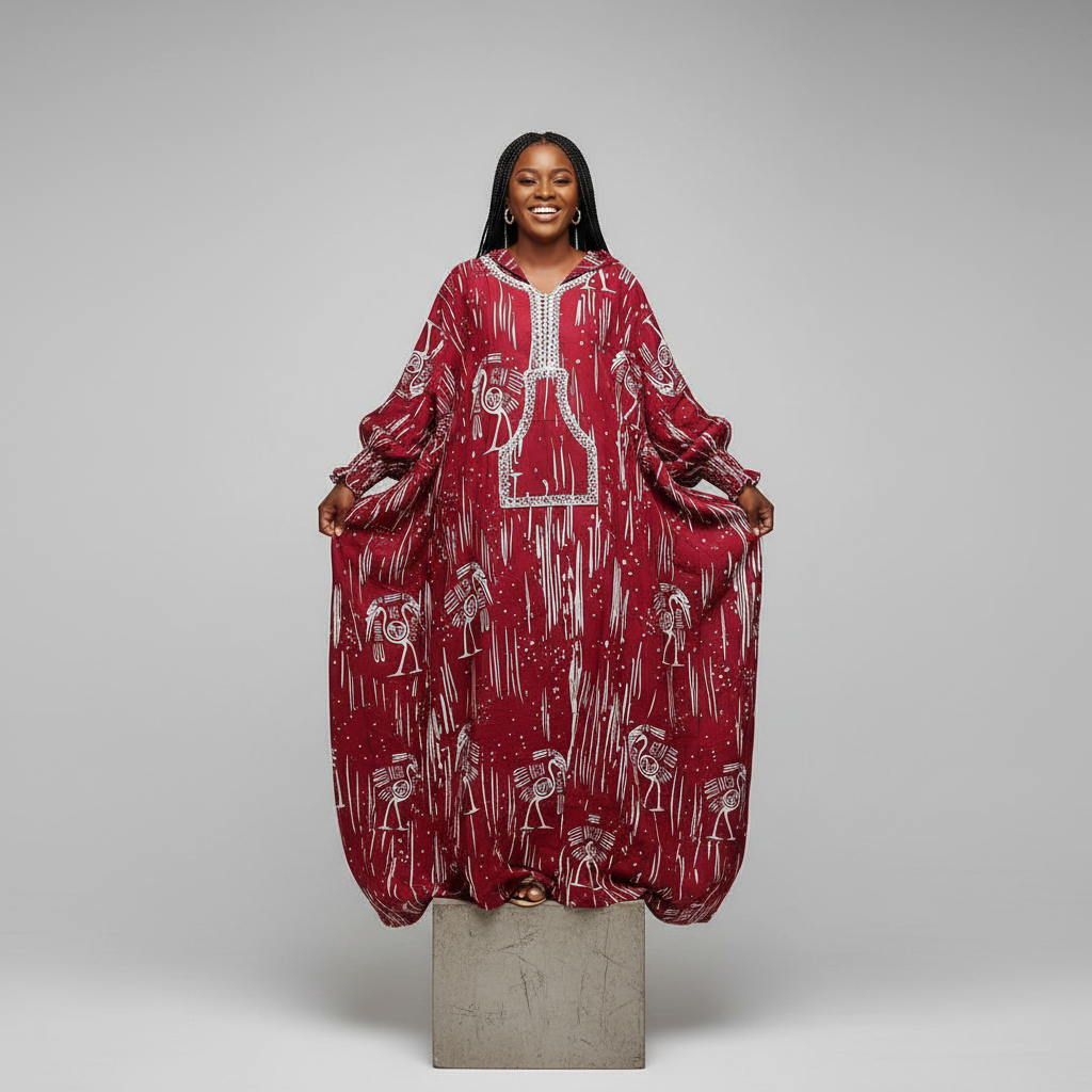 Nigerian female model wearing Burgundy Adire Bird Print Hooded Long Bubu Gown