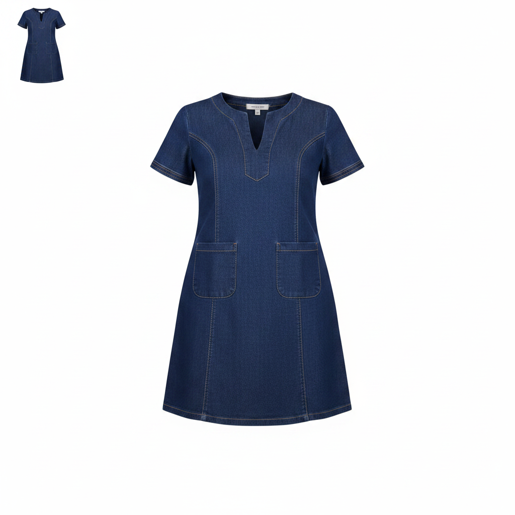 Dark Blue Denim V-Notch Mini Dress – Front Ghost Mannequin
