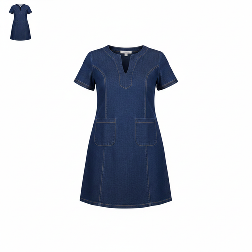 Dark Blue Denim V-Notch Mini Dress – Front Ghost Mannequin