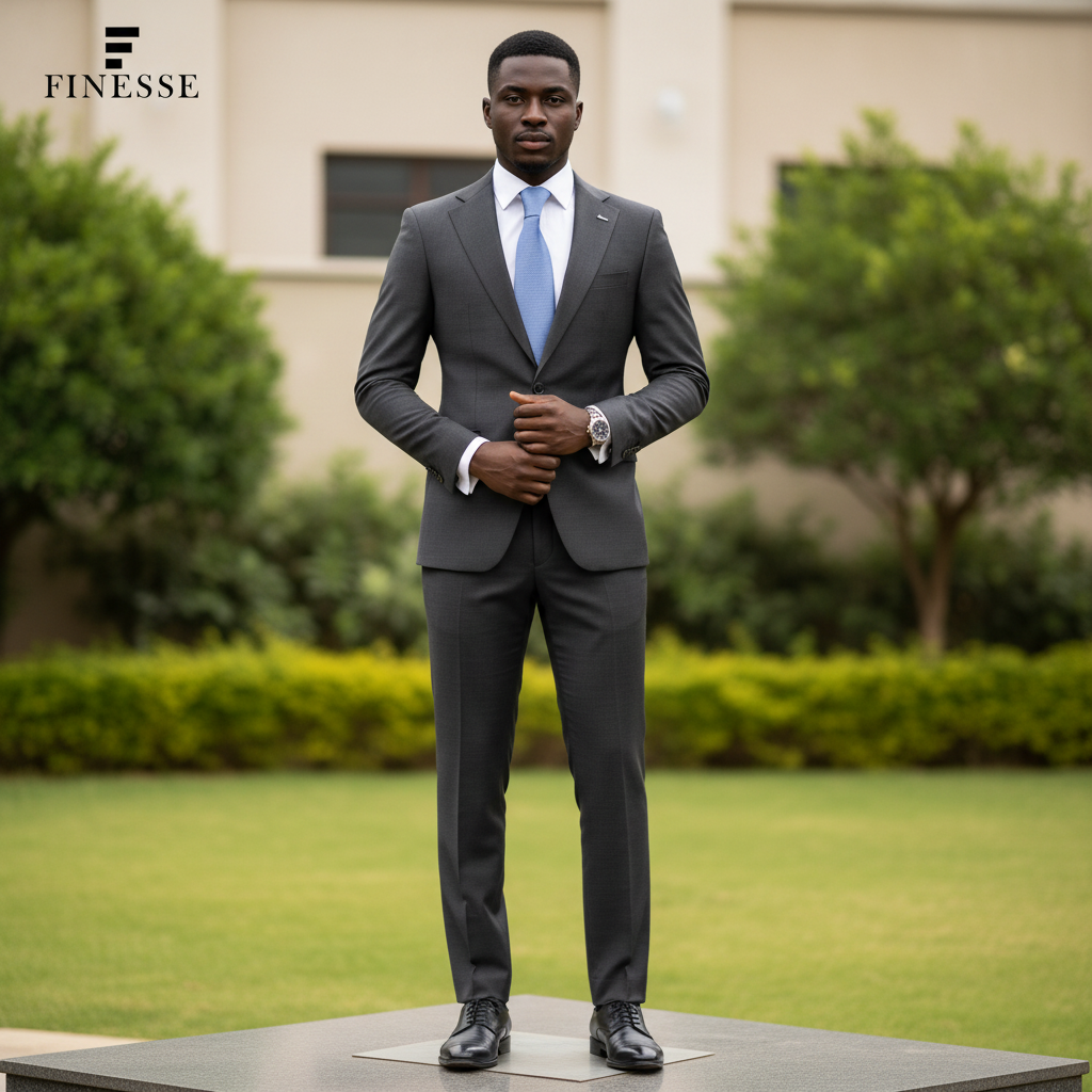 Nigerian male model wearing men's dark charcoal grey 2-piece single-breasted formal suit, garden setting
