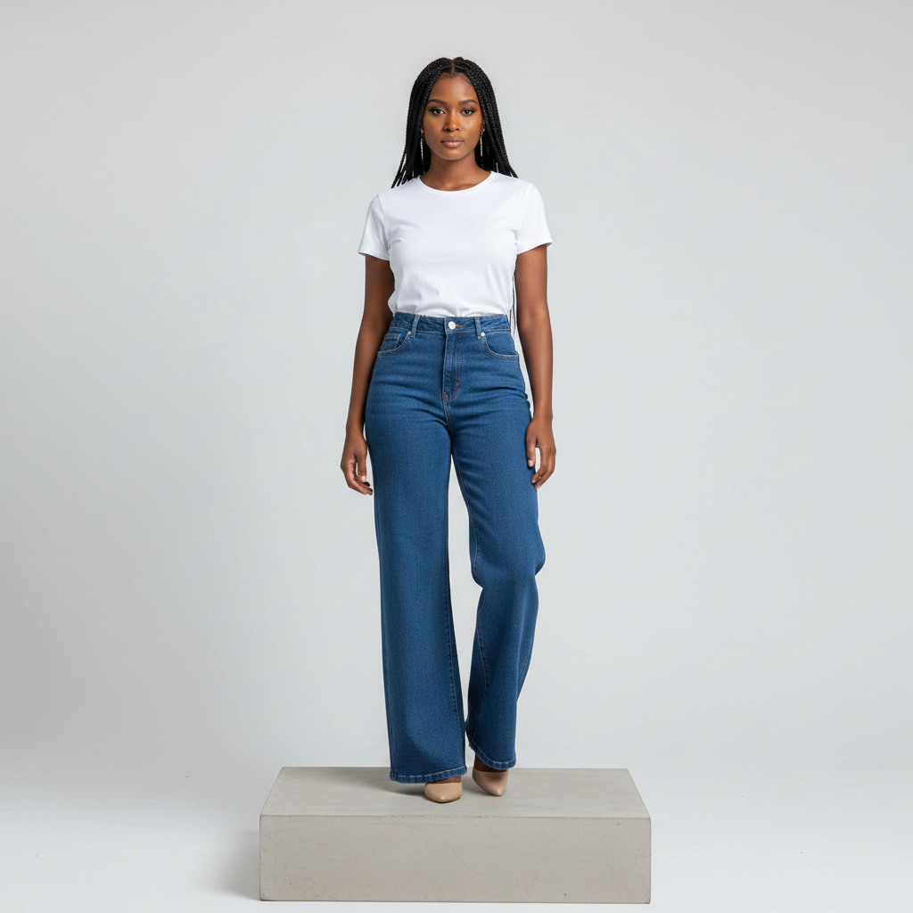Medium Blue High-Rise Wide-Leg Straight Denim Jeans - Model Front