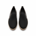 Segvor black canvas and grey leather slip-on loafer ghost mannequin product shot, plain white background