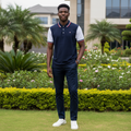 Nigerian male model wearing navy and white colour block short sleeve polo shirt