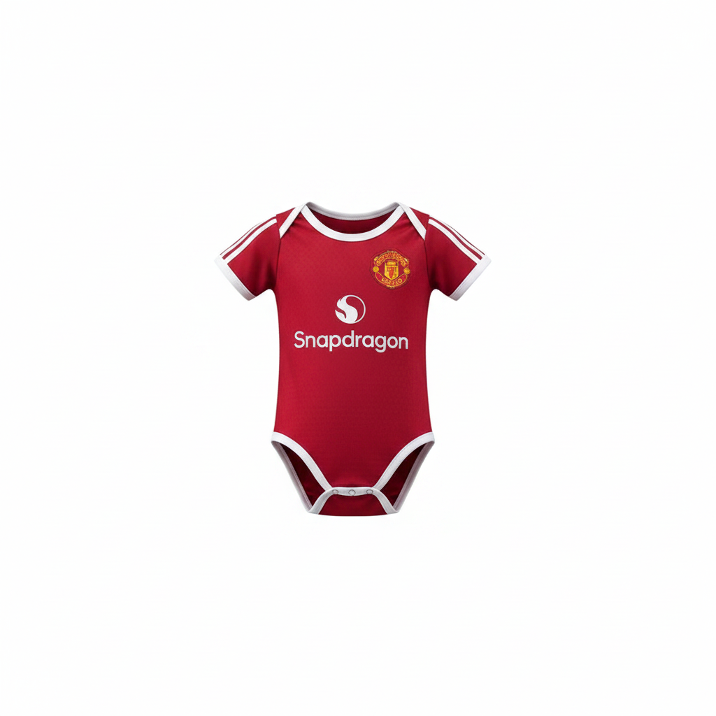 Baby red & white football romper bodysuit – ghost mannequin front view on white background