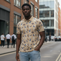 Khaki Botanical Leaf Print Polo Shirt on Nigerian male model