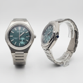 Slate teal dial automatic titanium watch front and side ghost mannequin view