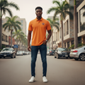 Young Nigerian male model wearing orange badge polo shirt, front view, Nigerian urban background