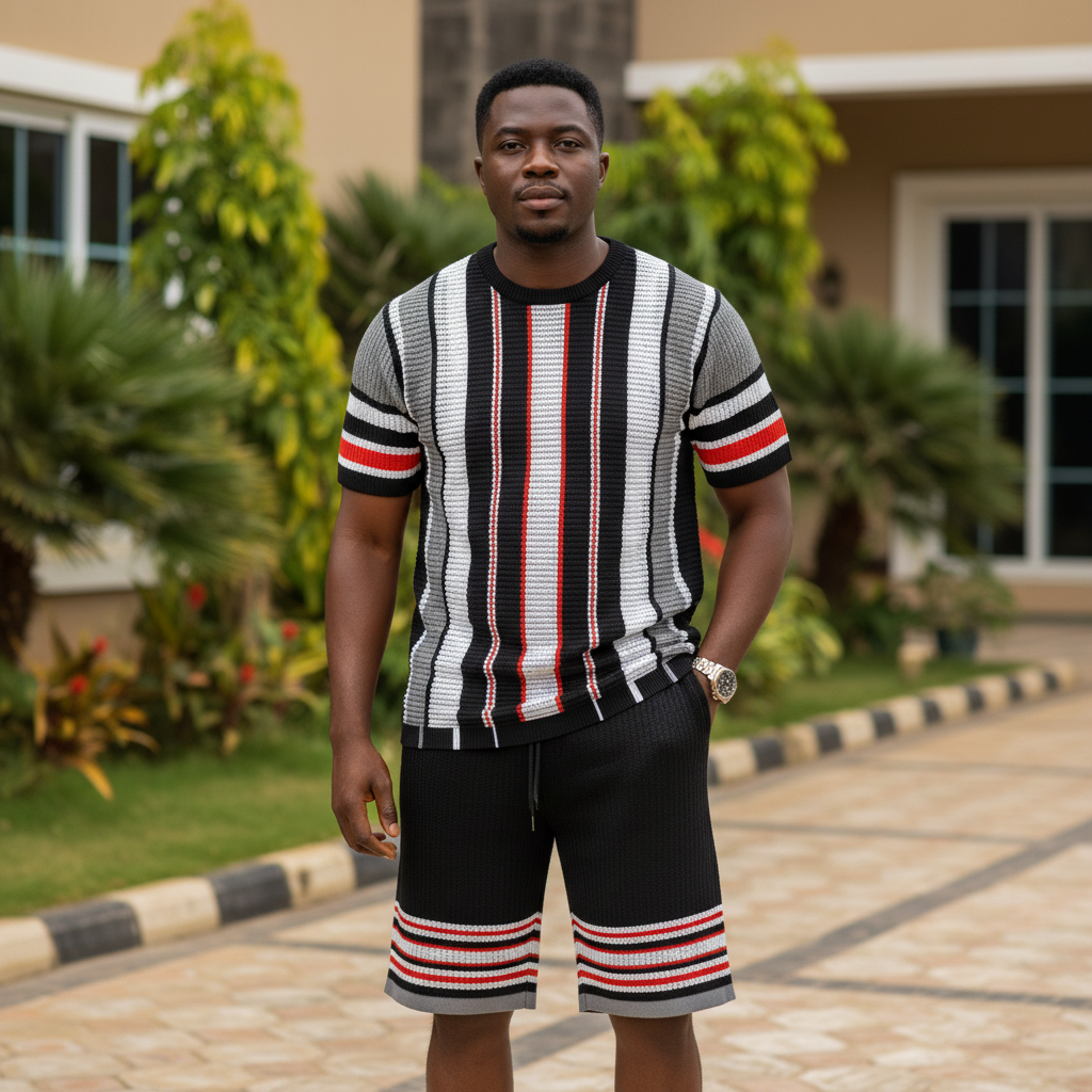 Nigerian male model wearing Men's Black Vertical Stripe Knit Co-Ord Set