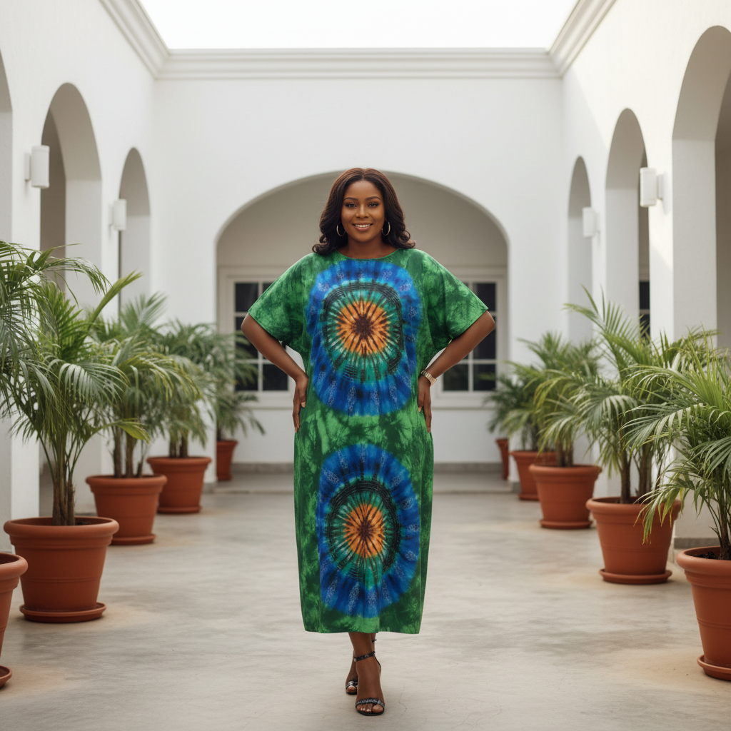 Green Tie-Dye Mandala Midi Dress - Front Model View