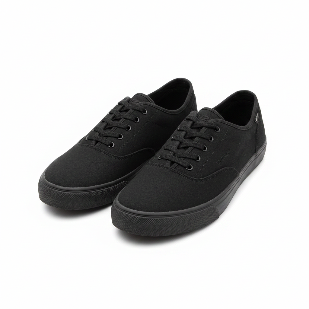 Men's triple black canvas low-top skate sneakers ghost mannequin front view