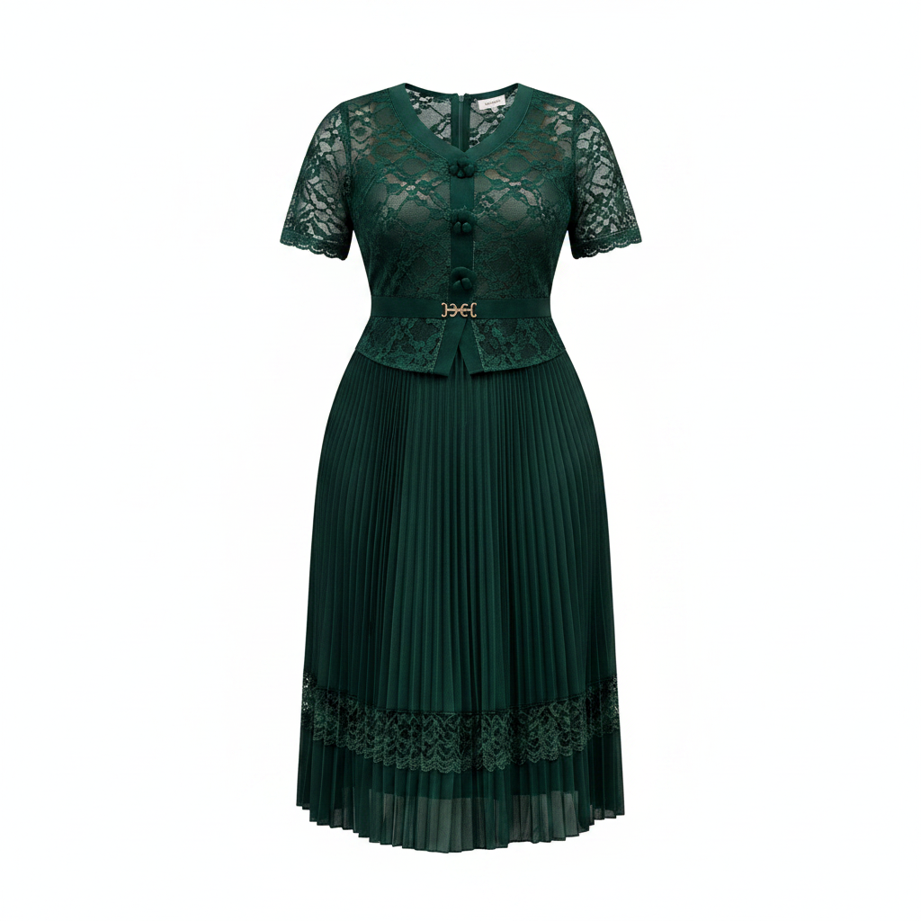 Women's Forest Green Lace Overlay Peplum Pleated Midi Gown - Ghost Mannequin Front