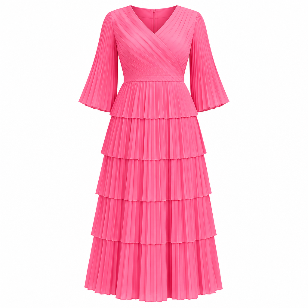 Bright pink tiered pleated occasion dress on white background