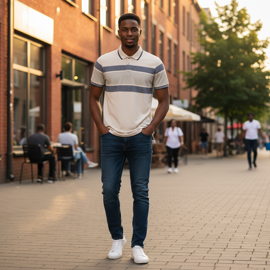 Young Nigerian male model wearing cream striped chest polo shirt