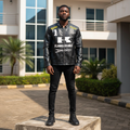 Nigerian male model wearing black graphic racing zip-up biker jacket