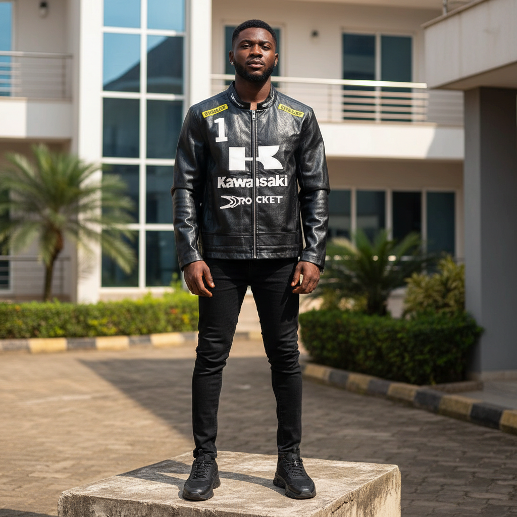 Nigerian male model wearing black graphic racing zip-up biker jacket