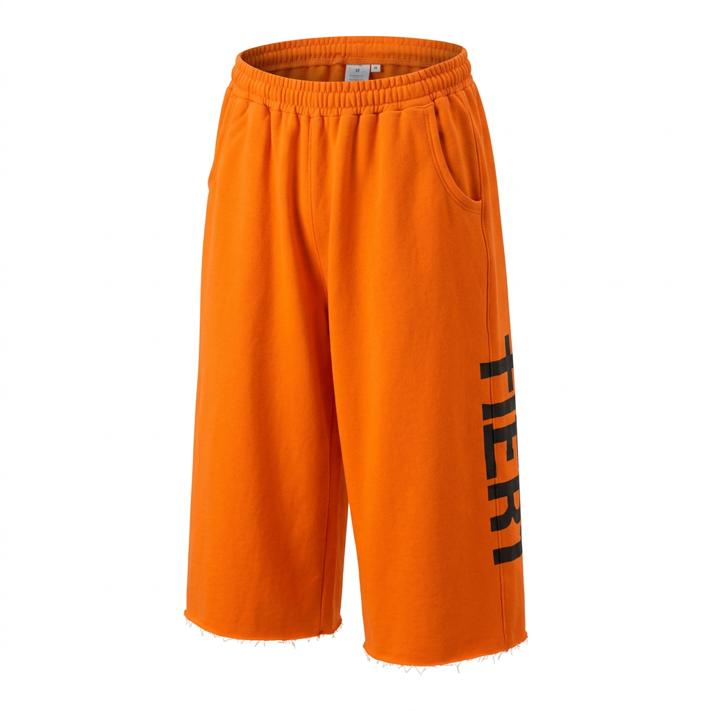 Orange wide-leg long shorts with elastic waistband, raw hems and black vertical side graphic