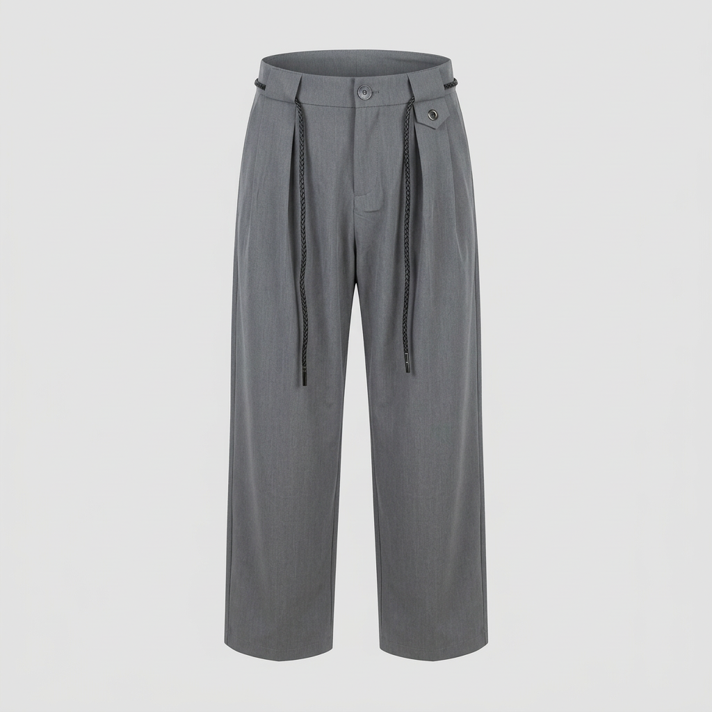 Grey wide-leg trousers with black cord detail, ghost mannequin front view