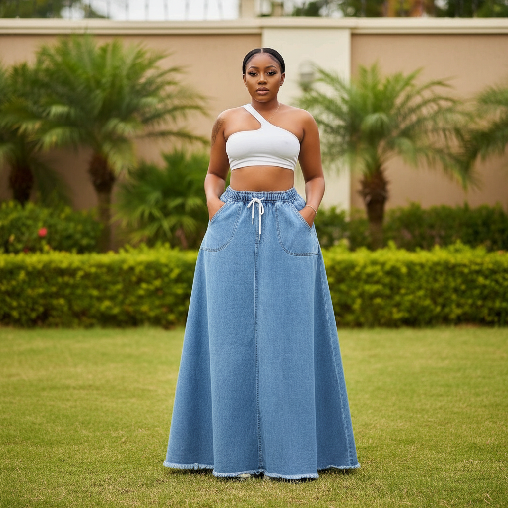 Nigerian female model wearing light blue wash drawstring maxi denim skirt in garden setting