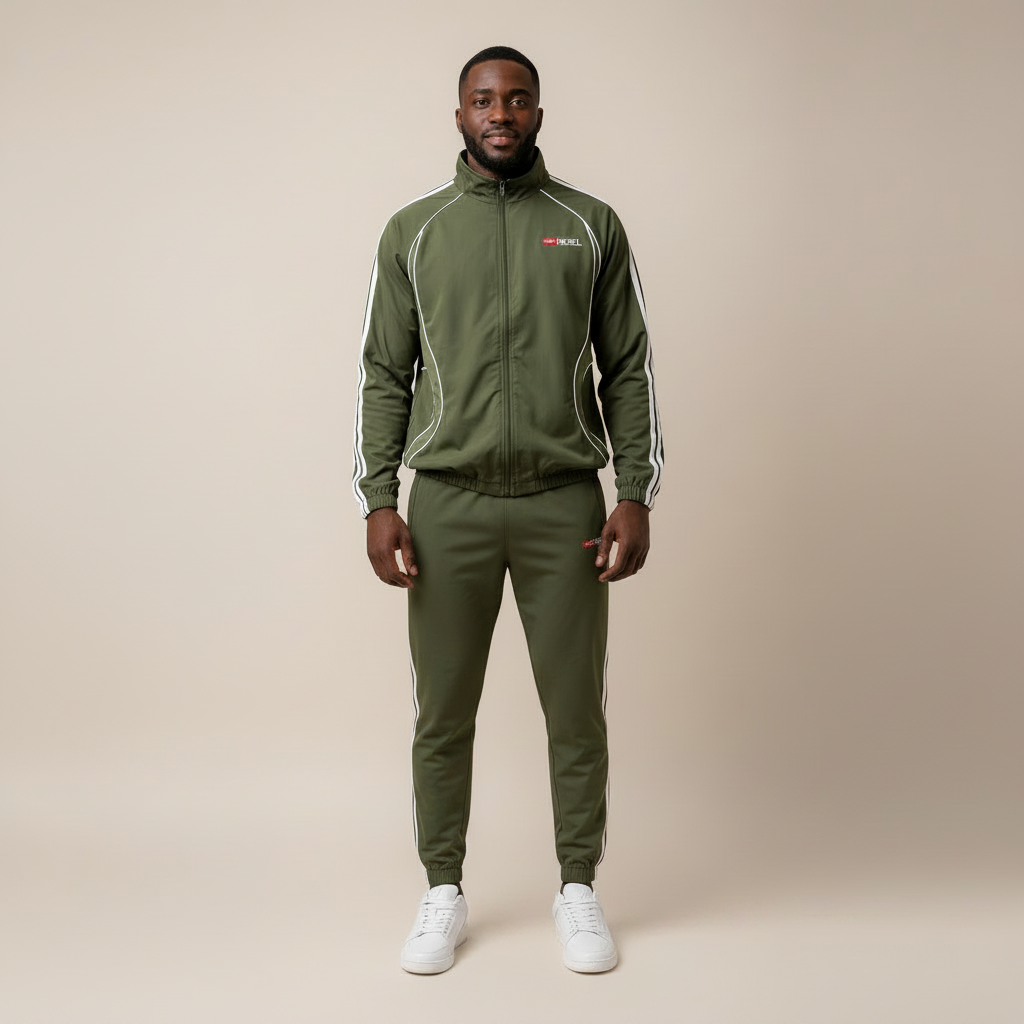 Model wearing the olive green two-piece tracksuit