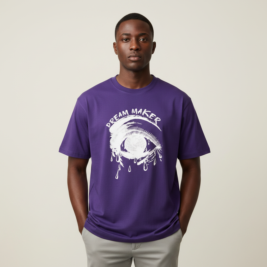 Model wearing the purple dream maker eye t-shirt
