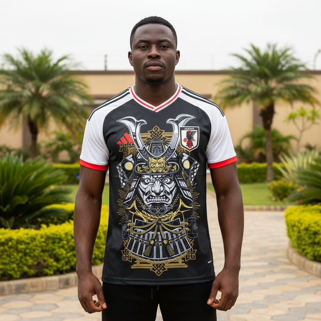 Nigerian male model wearing black samurai graphic football jersey front view